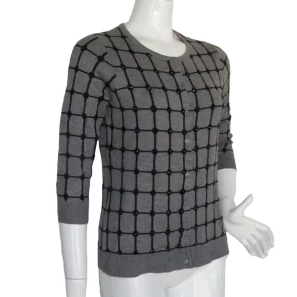 new COLDWATER CREEK Cardigan, XS/4-6 Windowpane, 3/4 sleeves, Gray & Black - Picture 3 of 13
